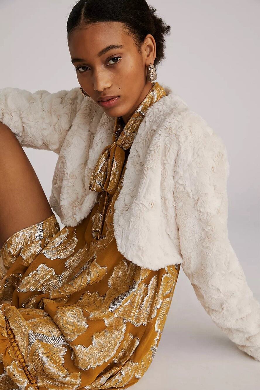 Maeve by Anthropologie Long Sleeve Lined Faux Fur Shrug XS/S Textured cropped